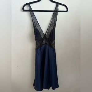 Victoria’s Secret Satin & Lace Slip Dress Navy Black Lingerie Babydoll Medium